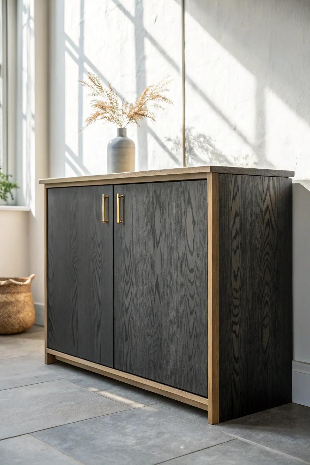 Two-tone vibe: moody charcoal lowers + light tones for an airy, high-end kitchen feel.