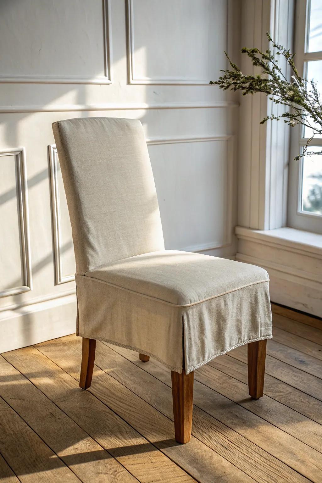 Oatmeal linen slipcovered Parsons chair: washable farmhouse charm with clean Scandinavian lines.