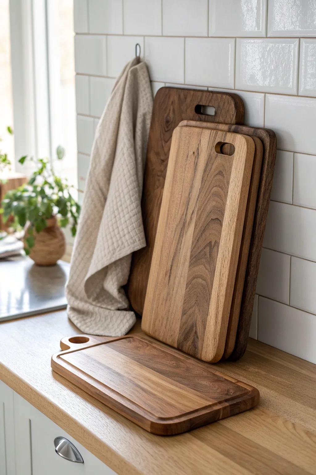 Layered wooden cutting boards add instant warmth—pretty, practical, and always within reach.