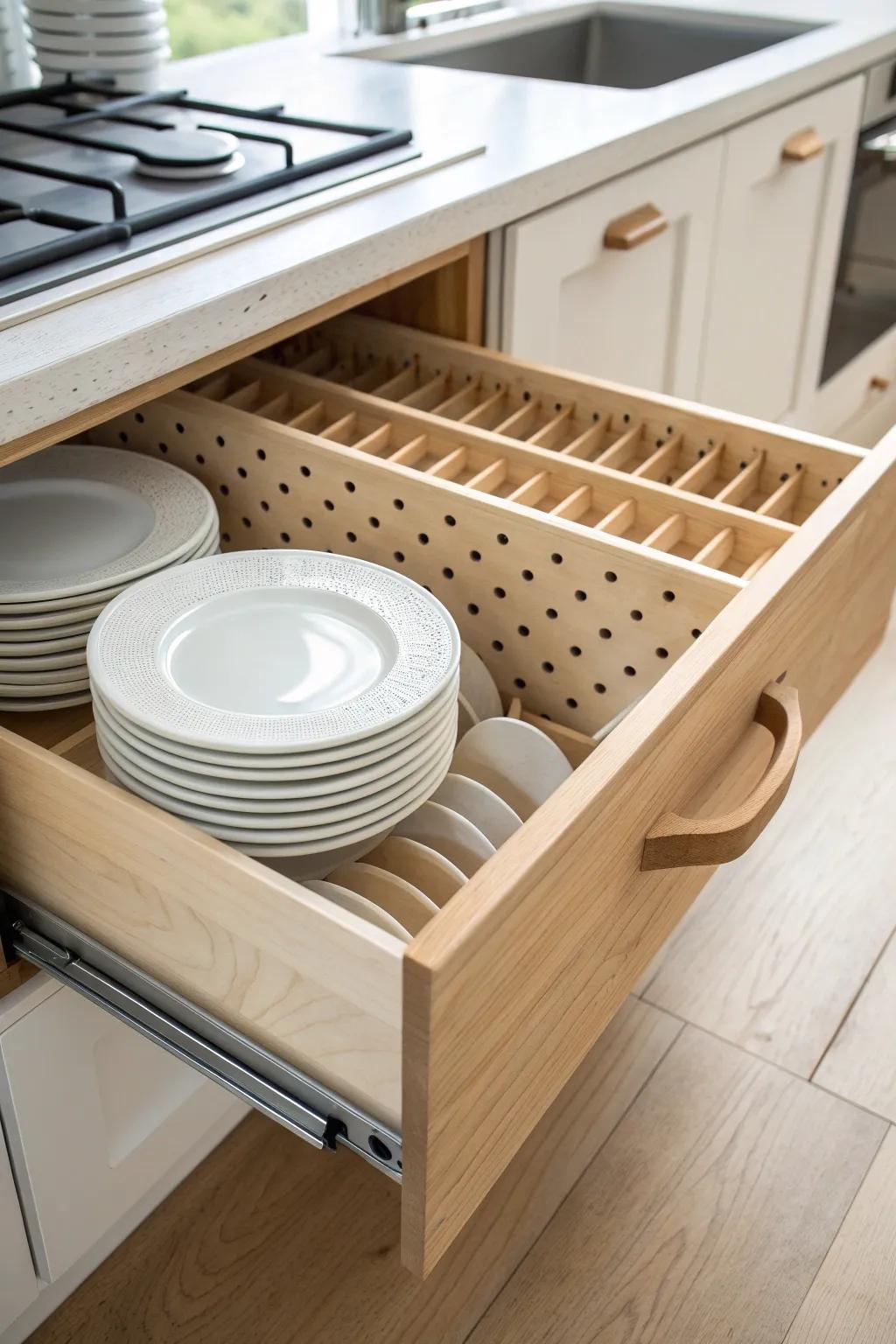 Upright plate drawer pegs: simple wooden dowels that keep dishes perfectly in place.