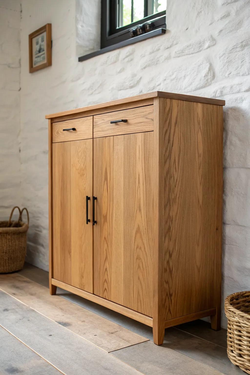 Warm natural wood cabinets paired with honey mid-tone floors for cozy, grain-forward contrast.