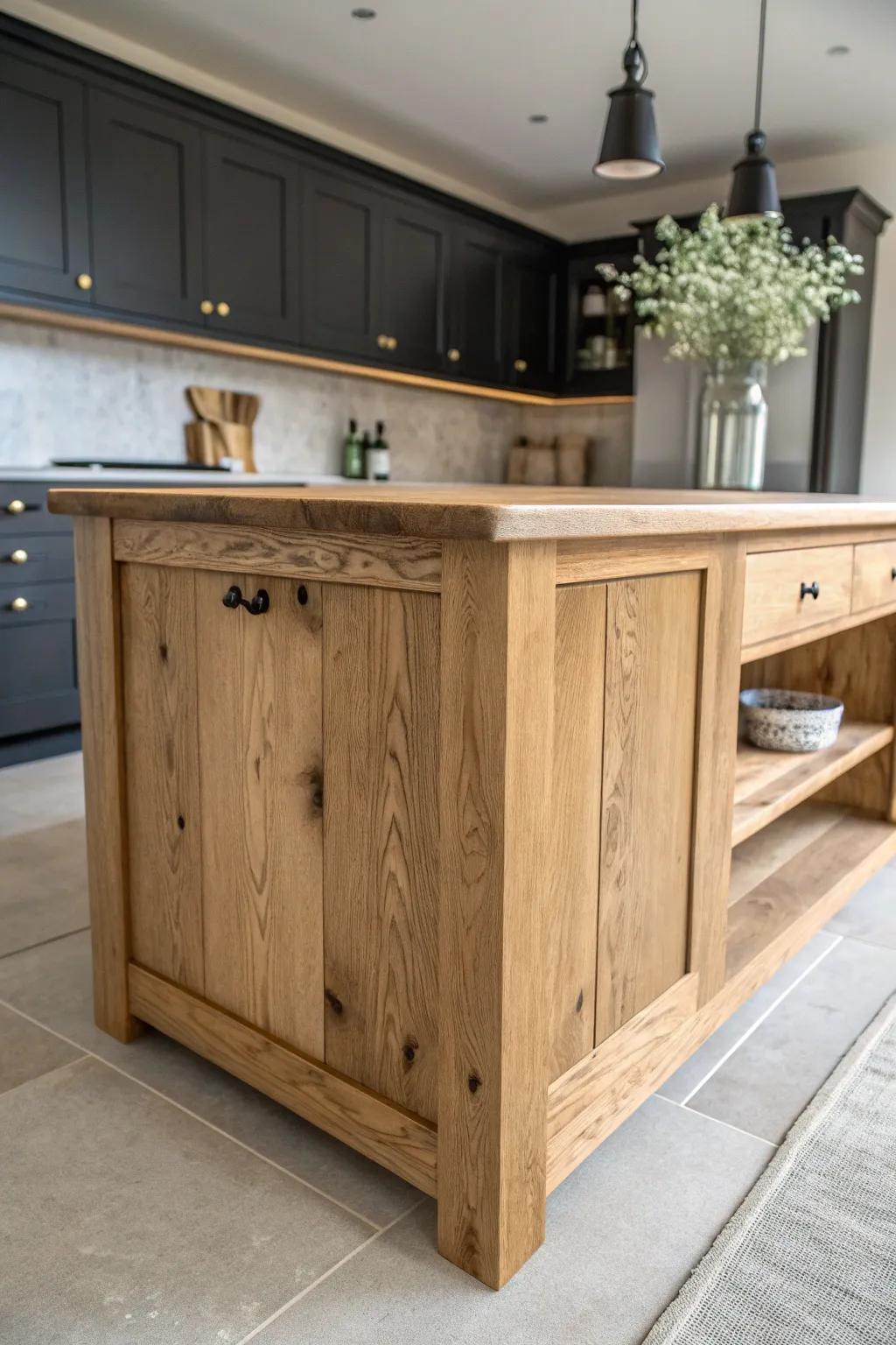 Warm natural wood island brings cozy contrast and character against deep, dark cabinets.