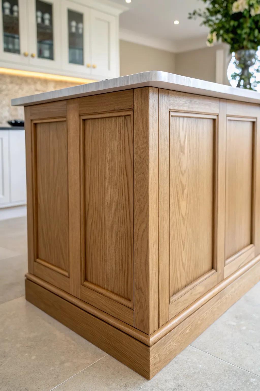 Crisp frame-and-panel wainscoting adds polished farmhouse depth to a minimalist island.