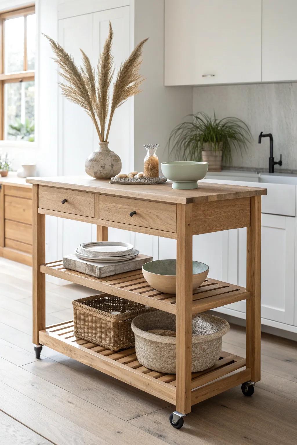 Light oak rolling island with open shelves—grab-and-go storage that stays steady and serene.