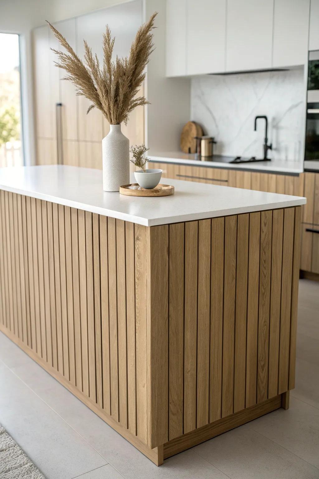 Vertical oak planks wrap the island for a taller look—minimal, warm, and beautifully crafted.