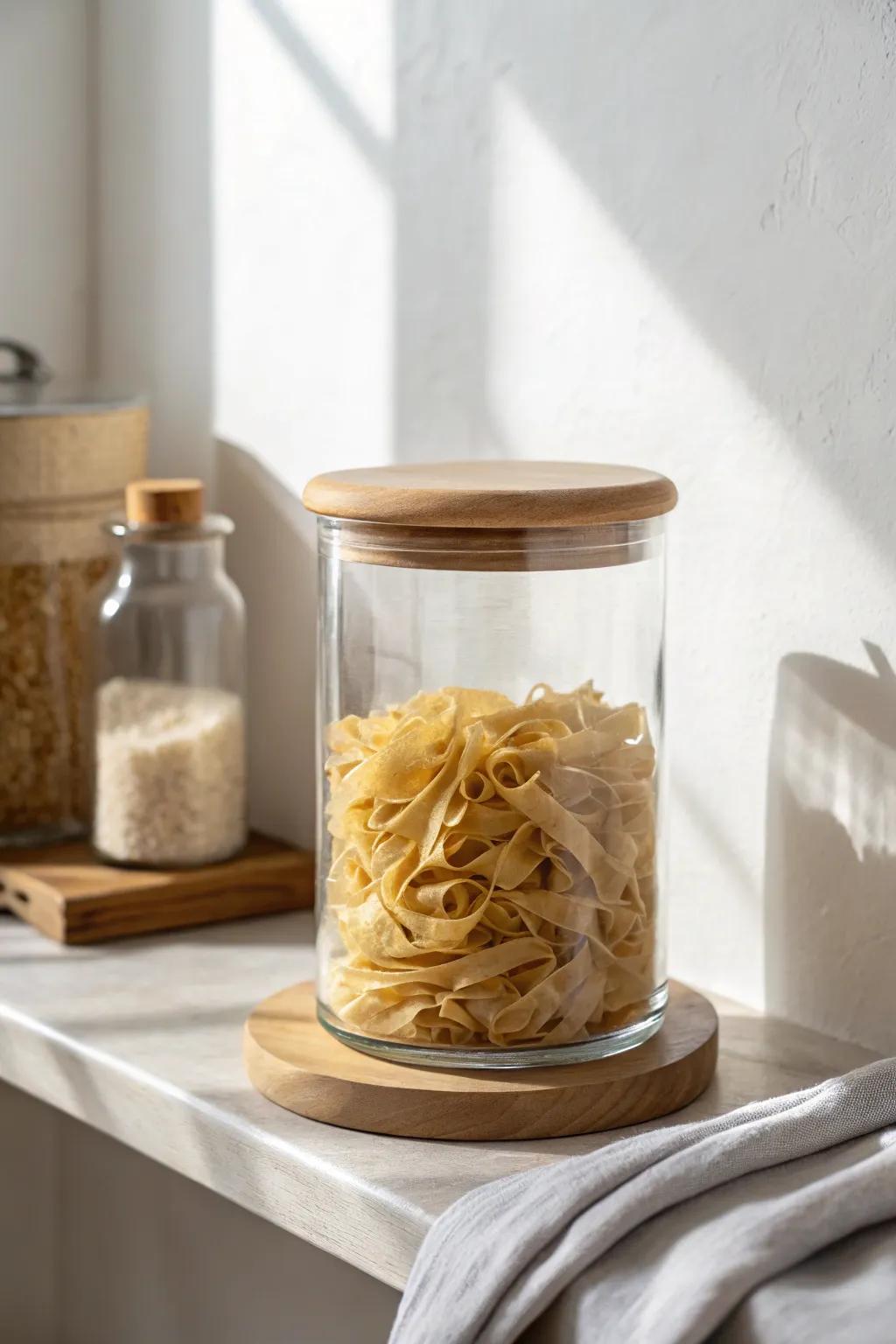 Clear glass jar + wood lid: the quickest way to make pantry shelves look calm and curated.