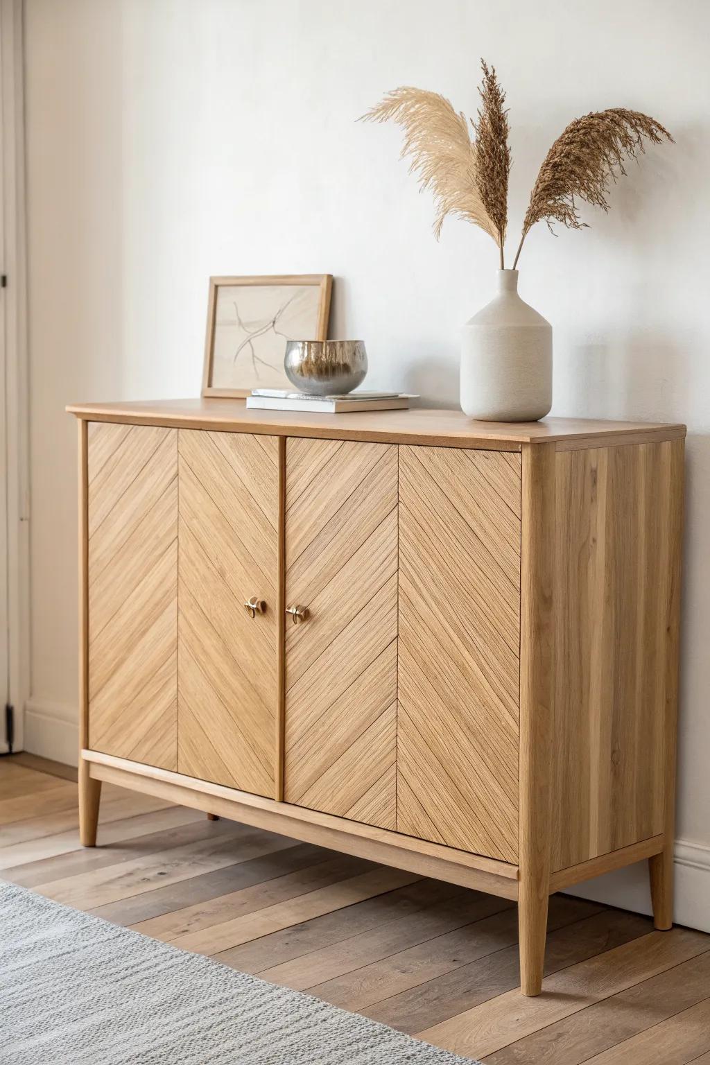 Cross-buck sideboard doors bring cozy charm—thin wood strips, big handcrafted impact.