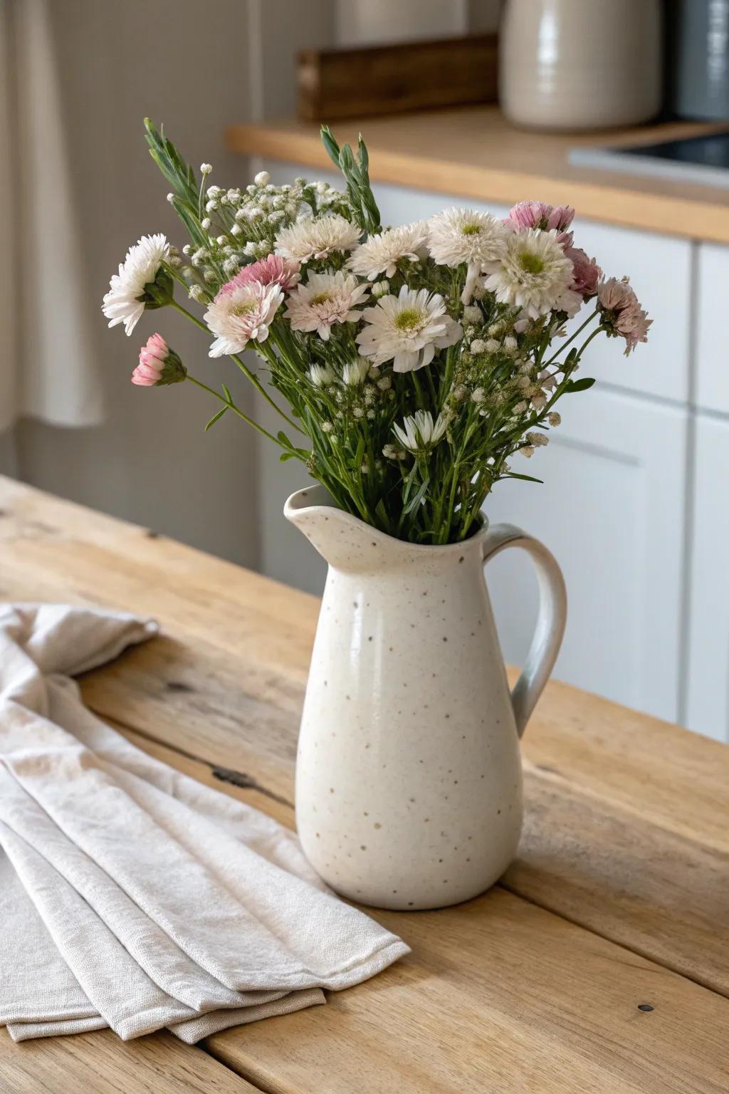 A simple ceramic pitcher of fresh-cut blooms—low, airy, and perfect for easy conversation.
