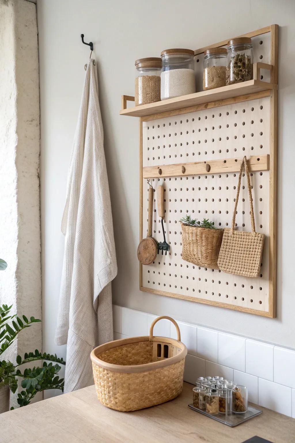 A framed oak pegboard cooking station—flexible hooks and shelves for tidy, beautiful storage.