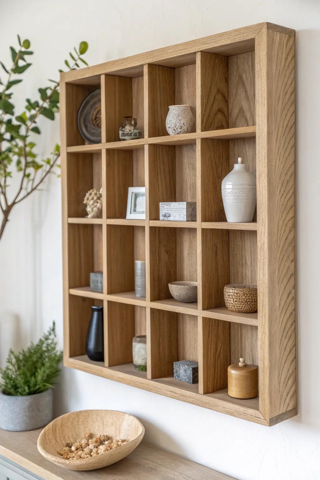 A shadow box grid shelf that gives every tiny treasure its own calm, curated spotlight.