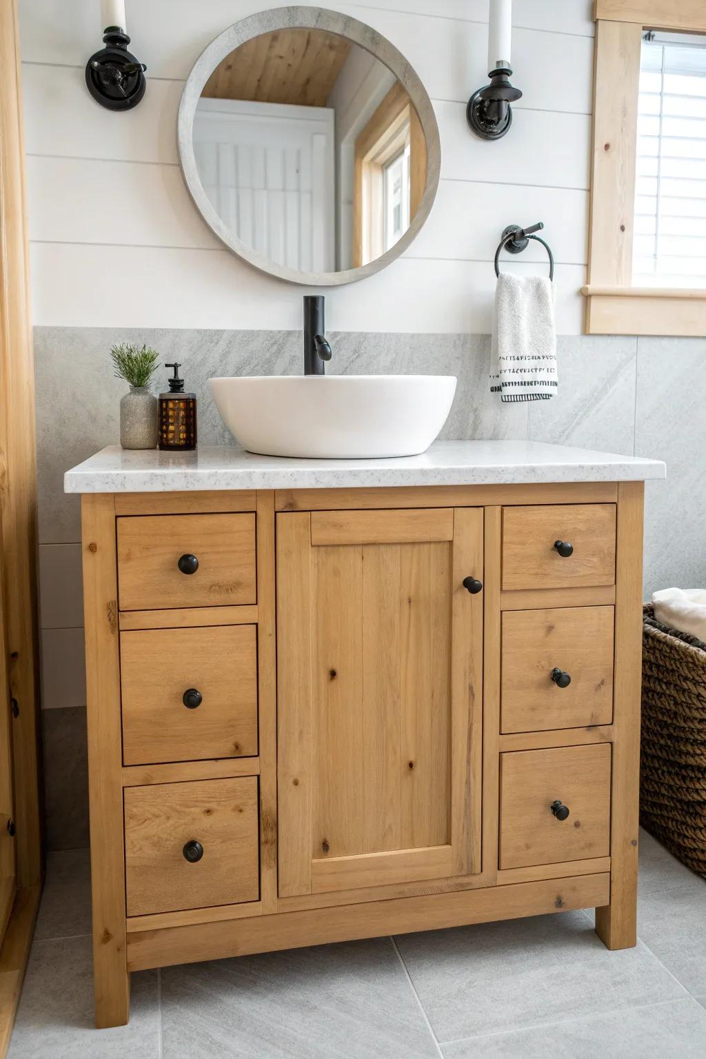 Knotty pine vanity with simple shaker doors—warm knots, clean lines, spa-bright calm.