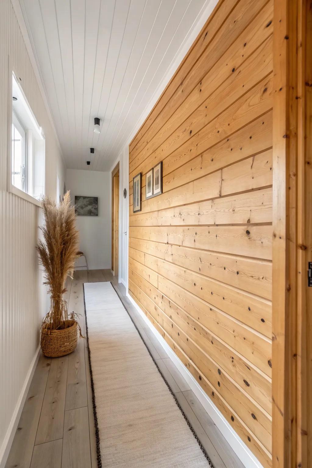 Horizontal knotty pine paneling: long lines and warm knots that make narrow rooms feel wider.