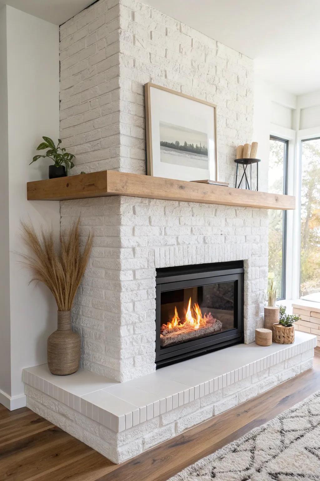 Crisp white-painted brick wraps the corner for a bright, modern L-shaped fireplace moment.