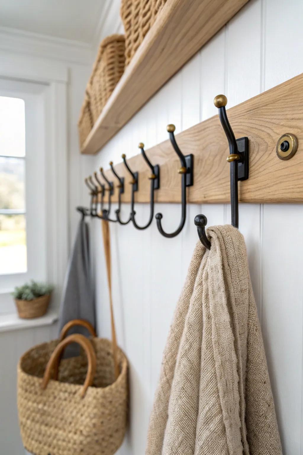 Seamless oak hook rail turning the corner—minimal, warm, and perfectly practical for coats.