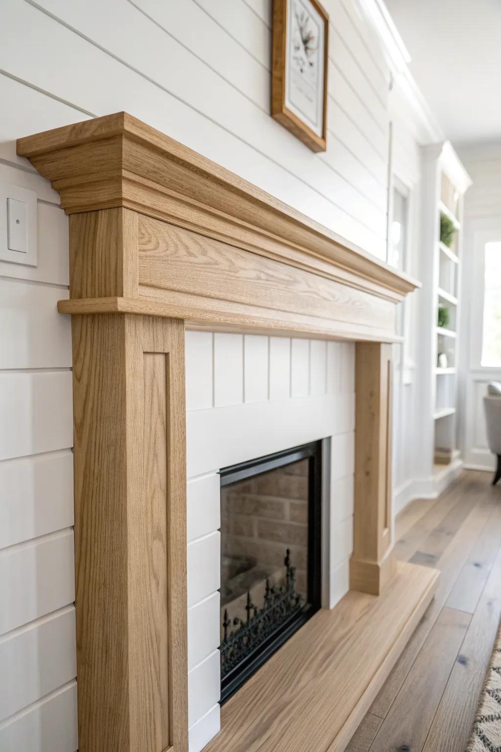 Bright white shiplap makes this lake-house fireplace feel airy—perfect with a warm oak mantel.