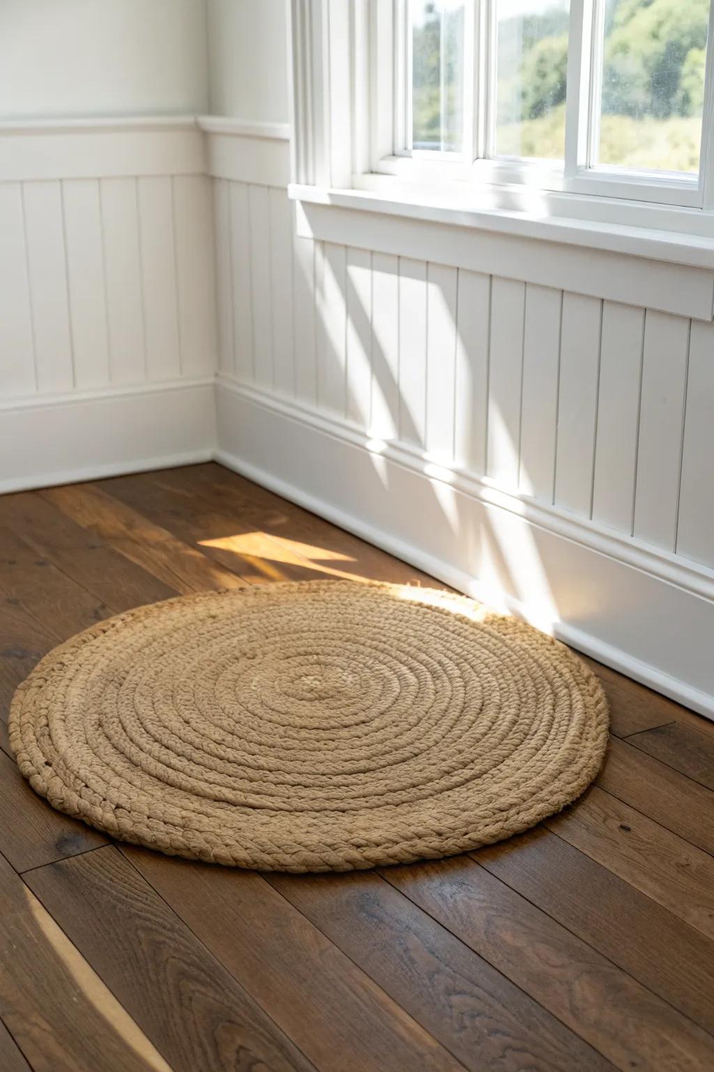 Medium-brown wood floors with crisp white trim—finished with a simple woven rug for lake-house warmth.