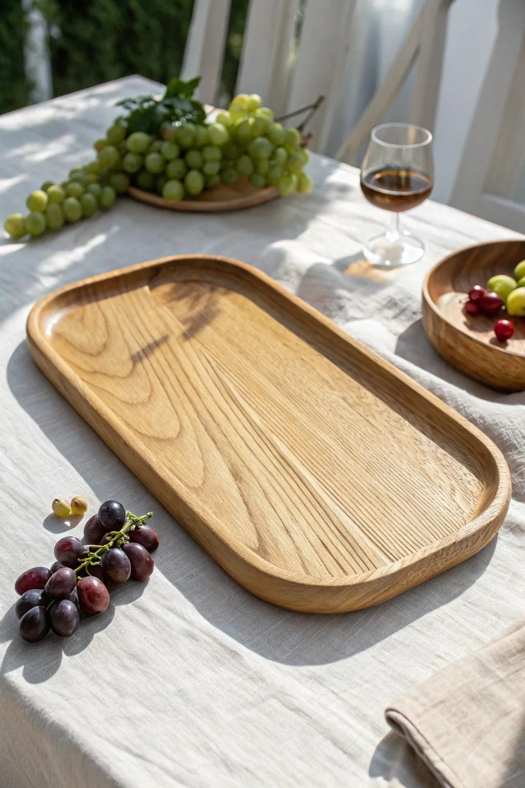 A shallow oak charcuterie tray with a raised rim—keeps bites in place and looks effortless.