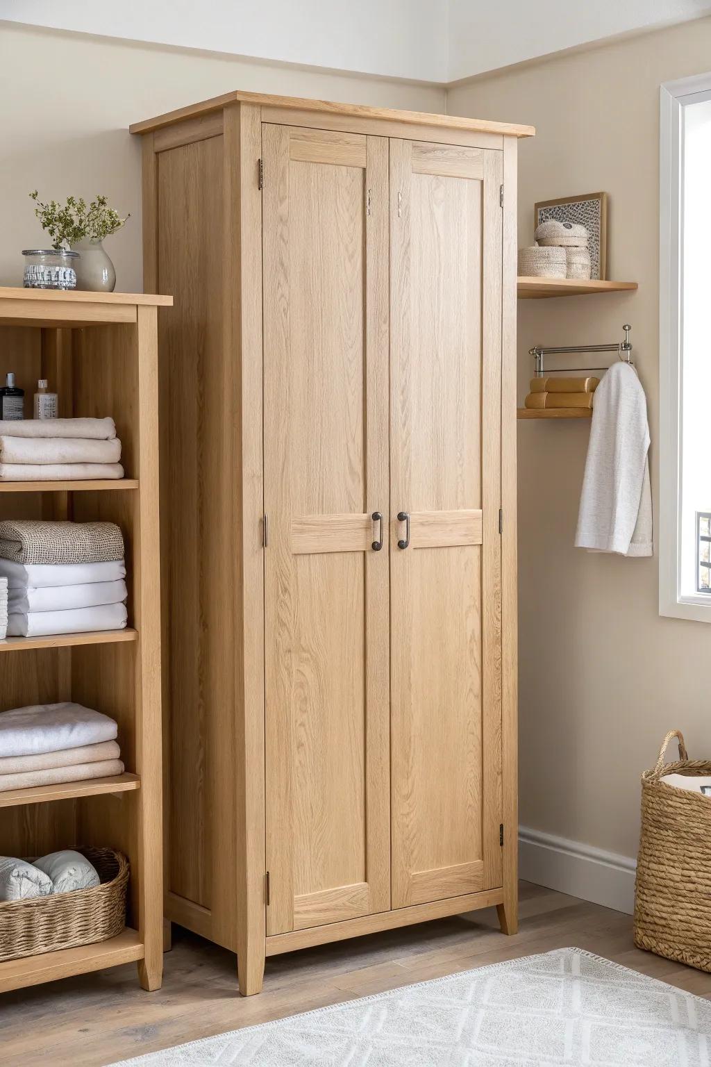 Floor-to-ceiling oak linen cabinet with adjustable shelves—sleek bulk storage for laundry rooms.