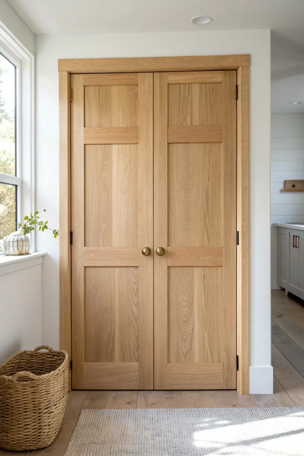 Shaker-style double swing doors in light oak—clean lines that make laundry closets feel custom.