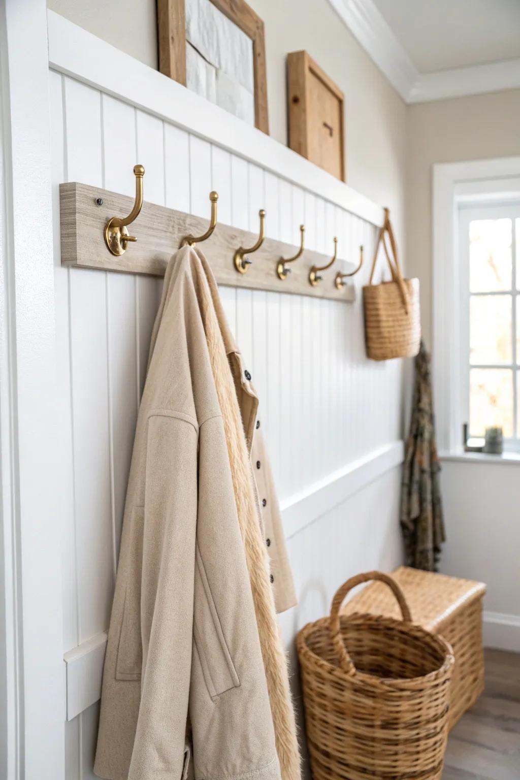 White shiplap backboard + sturdy double hooks—pretty, practical, and wall-saving.