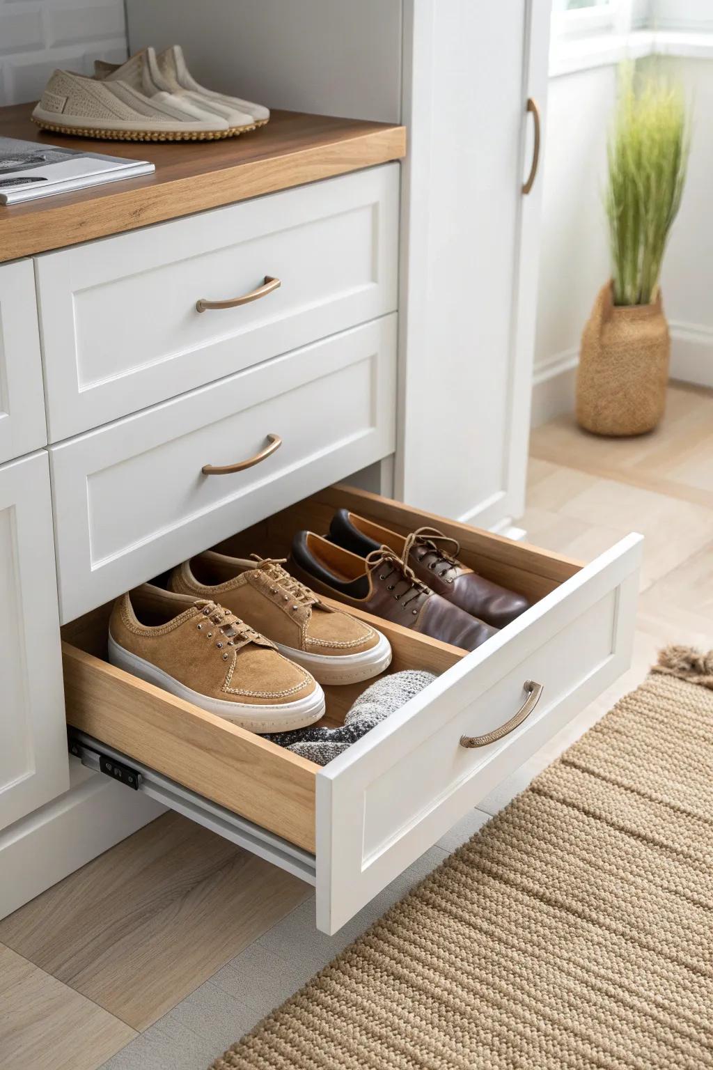 Pull-out shoe shelf in a base cabinet—easy access, tidy rows, and warm oak craftsmanship.