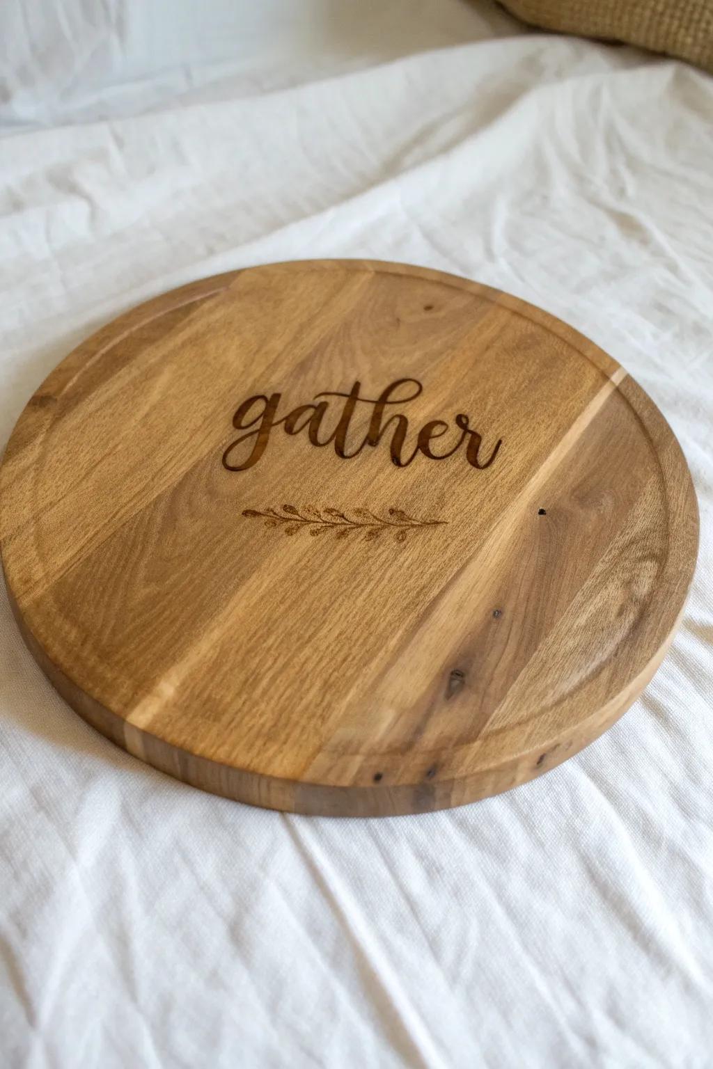 A simple “gather” wood-burned lazy Susan—minimal, cozy, and beautifully handmade.