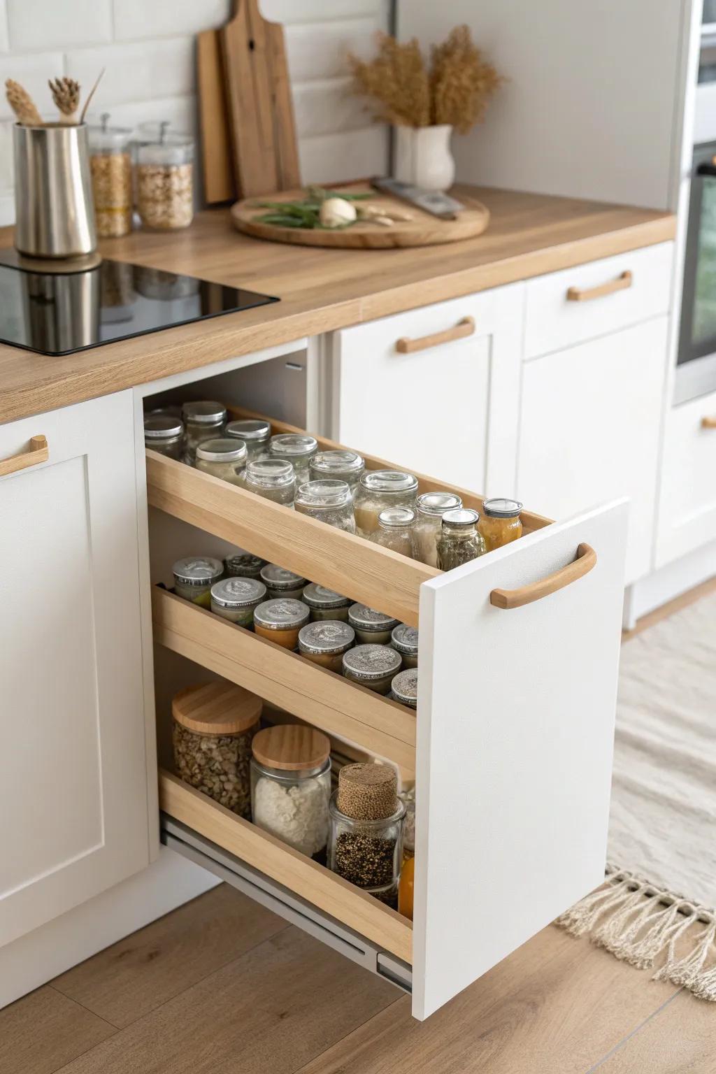Full-extension pull-out tray: a sleek lazy susan swap that brings every jar within reach.
