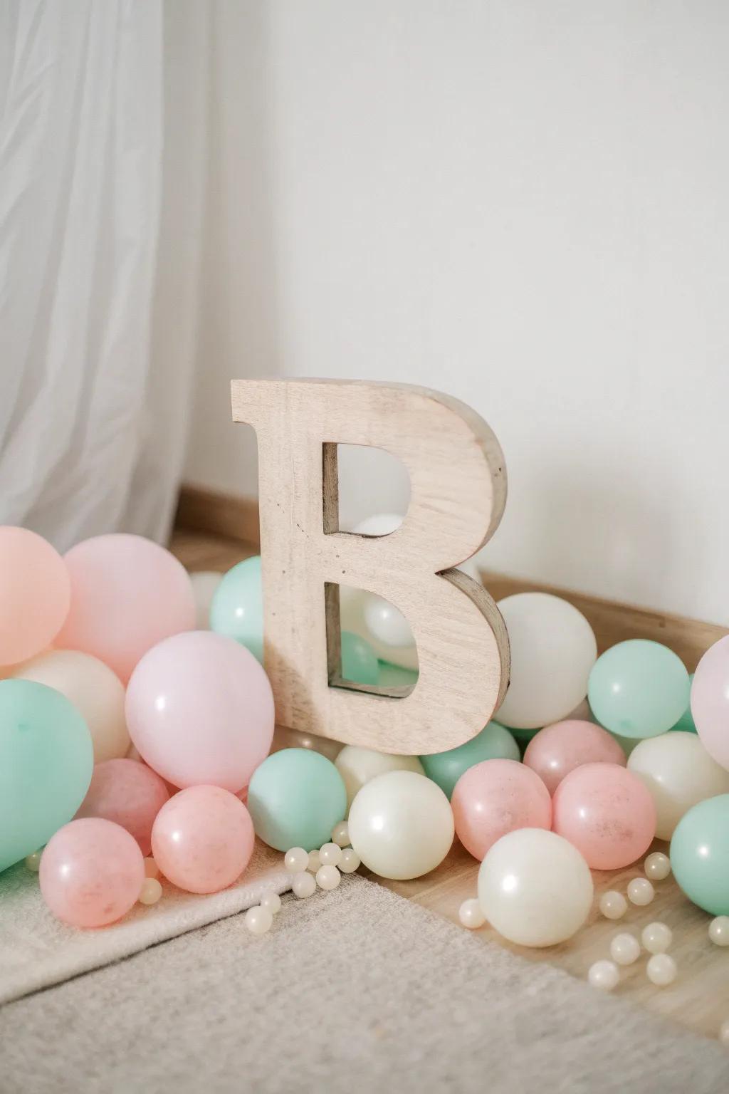 Celebrate with style: A minimalist 'B' adorned with pastel balloons for a touch of festive elegance.