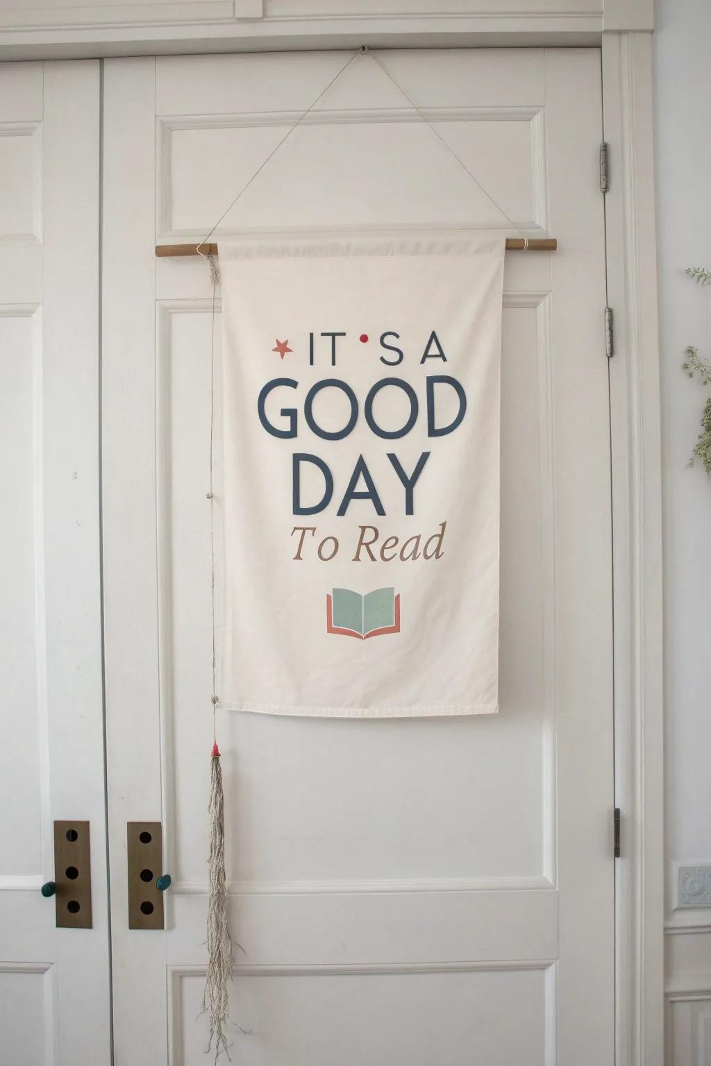 Bright, minimal “It’s a Good Day to Read” door sign with soft boho book accents on warm wood.