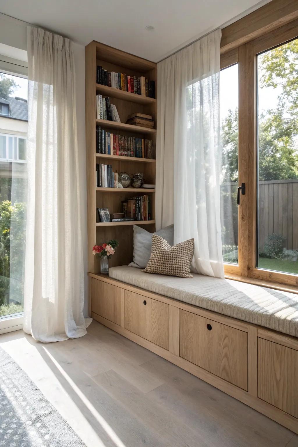 A cozy window-seat library nook with built-in oak shelves and hidden storage—bright, calm, inviting.