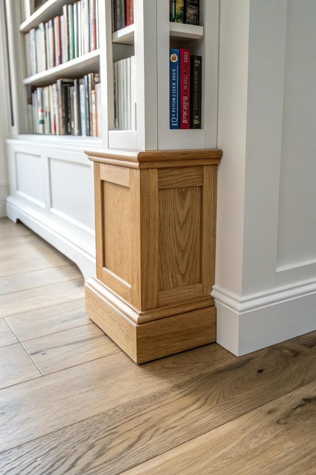 Chunky plinth blocks give built-ins an old-house finish—and neatly hide flooring gaps.