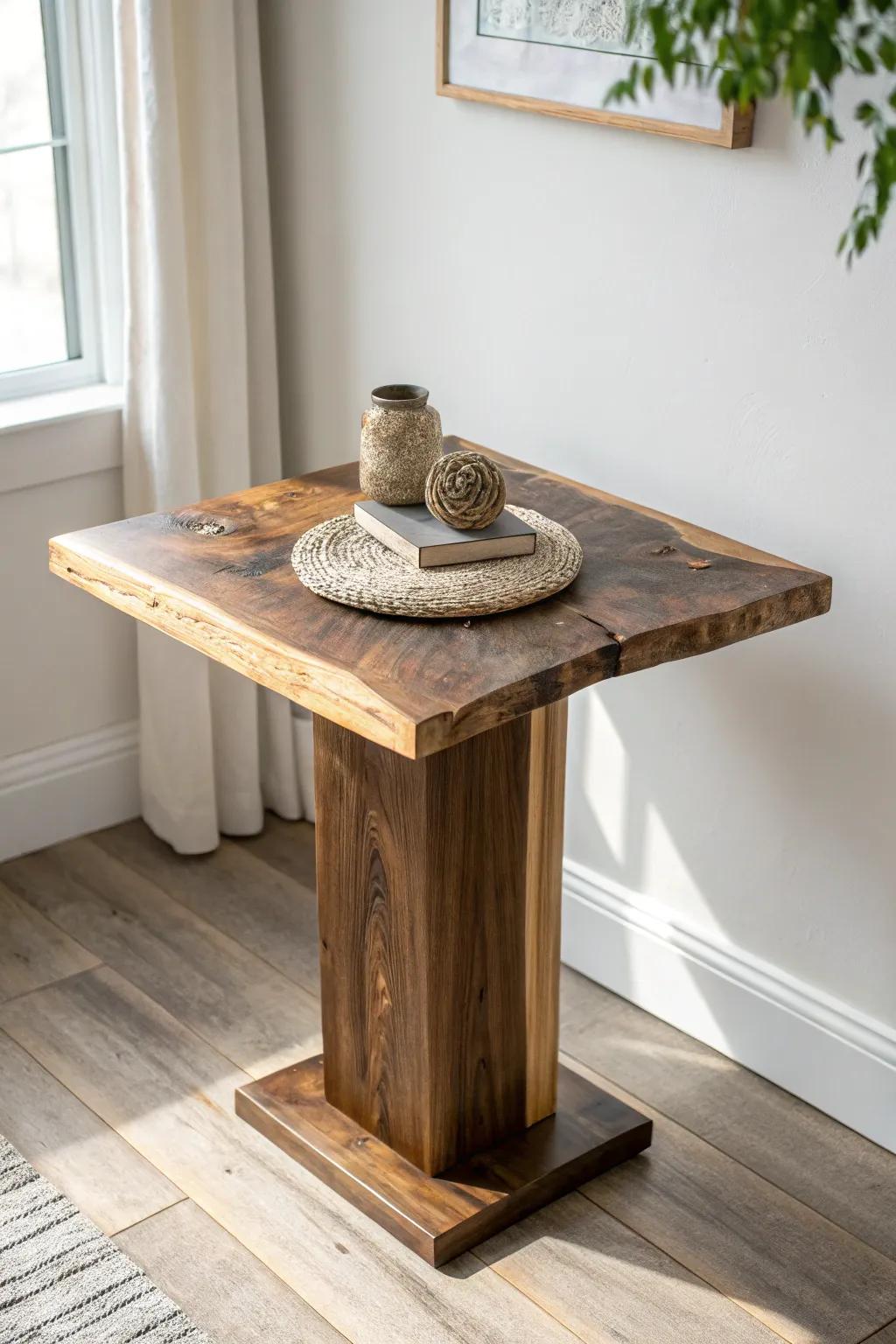 A chunky reclaimed post base grounds this live edge top—farmhouse heft with Nordic calm.