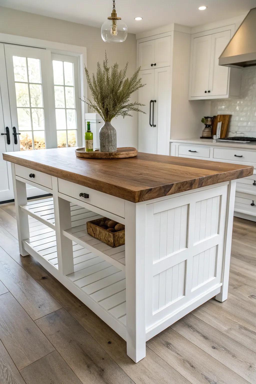 Warm live-edge slab + crisp white base for a modern farmhouse island with light, airy contrast.