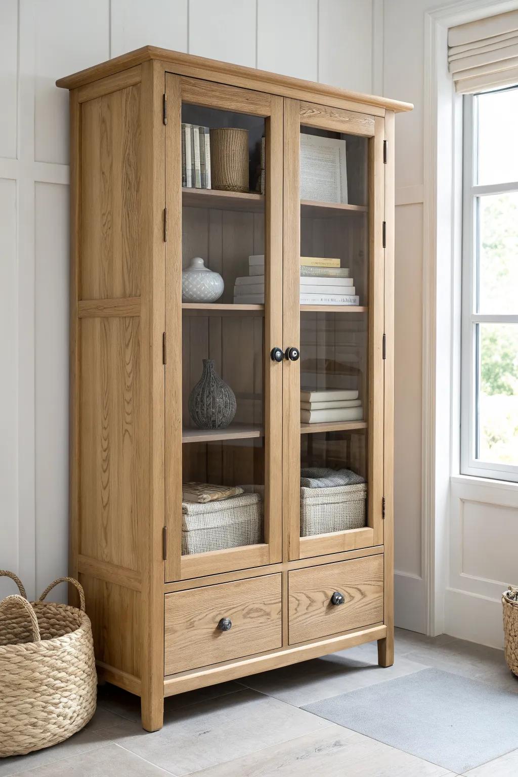 Glass-door armoire with curated books, pottery, and baskets—beautiful display, hidden clutter.