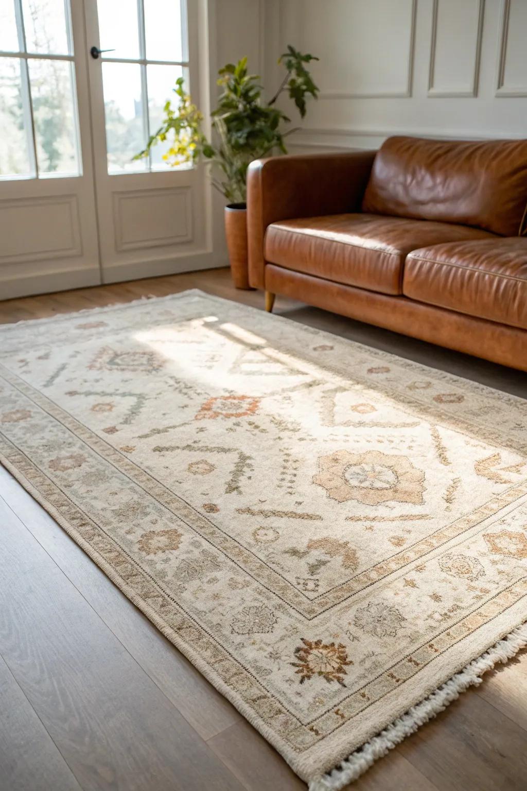 A light, vintage-pattern rug brightens a brown couch setup while hiding everyday mess beautifully.