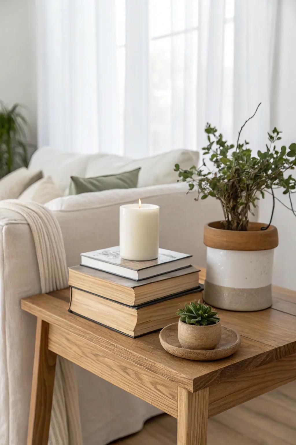 The rule of three: books, candle, and a tiny plant—effortless sofa table styling.