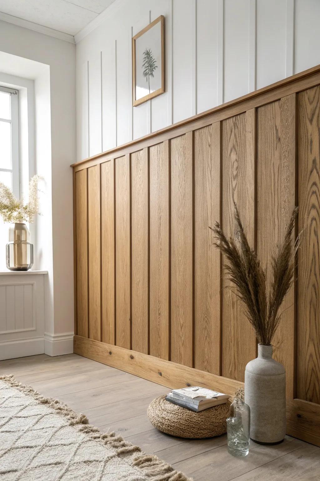 Clean board-and-batten lines in warm oak—an easy way to visually widen a narrow living room wall.
