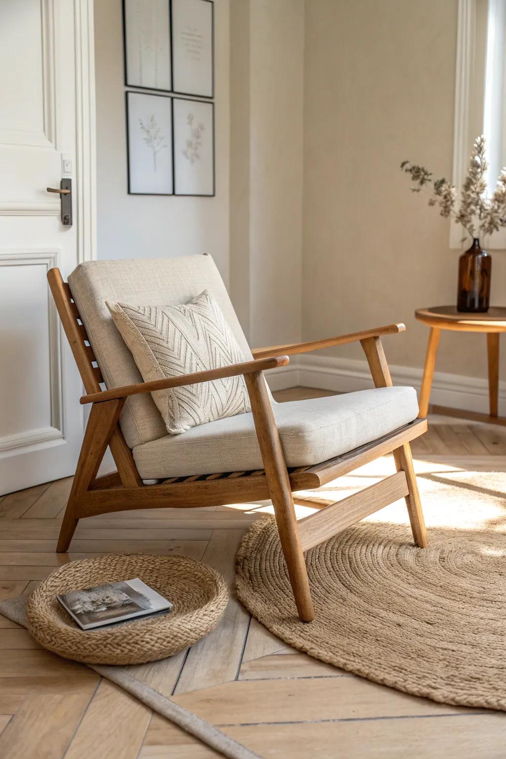 Beige walls and sand textures let oak glow—add a jute rug for an airy, cozy layer.