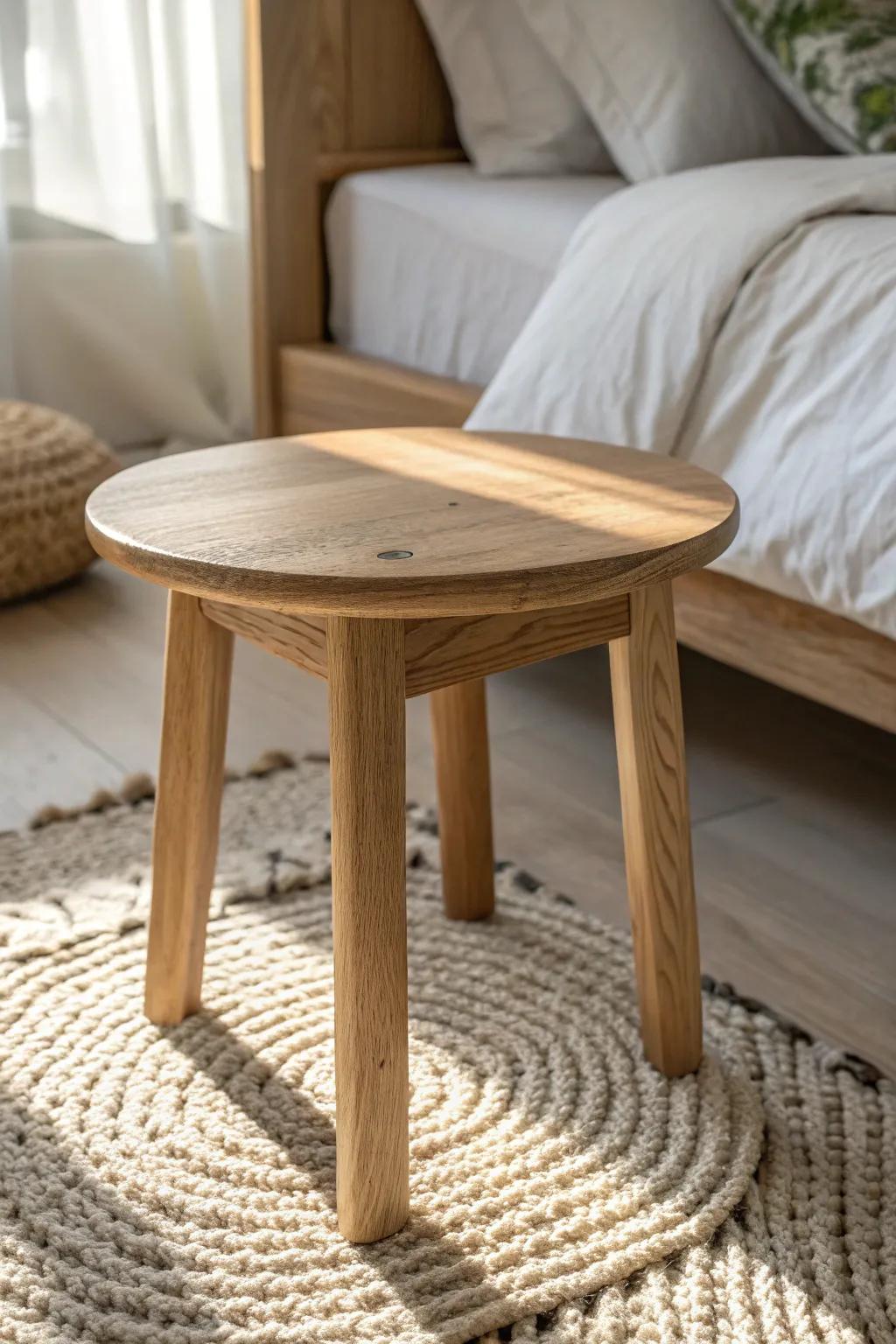 A tiny oak side table turns the under‑loft space into a cozy floor‑seating reading nook.
