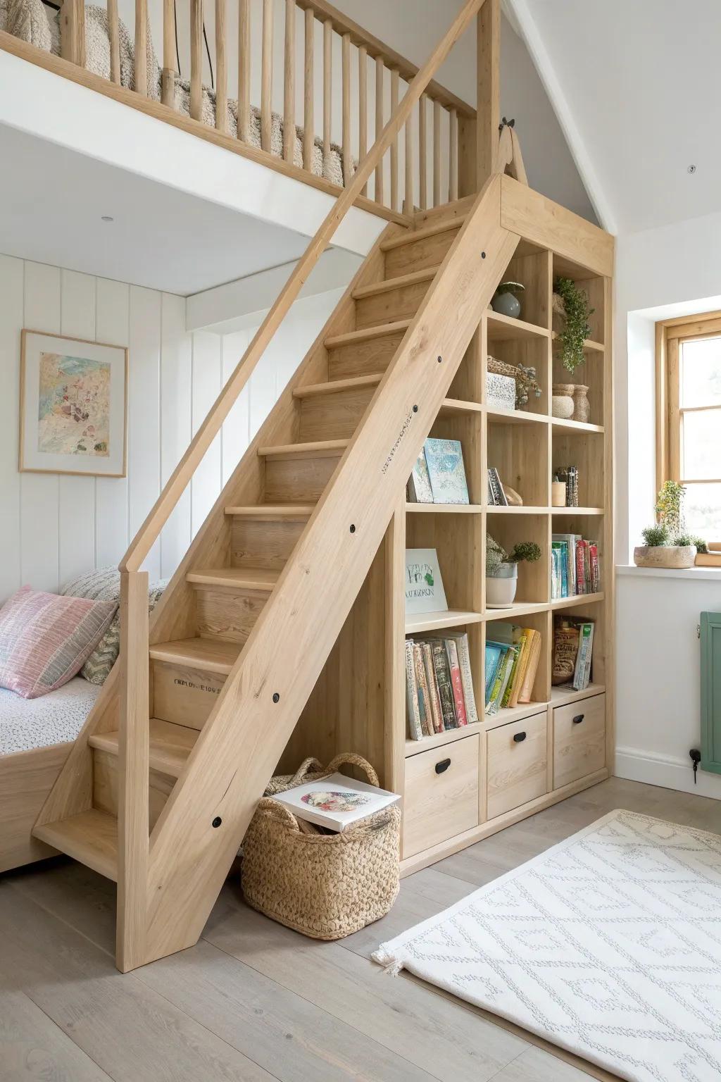 Open bookcase stair shelves—beautiful loft bed steps that double as easy bedtime book storage.