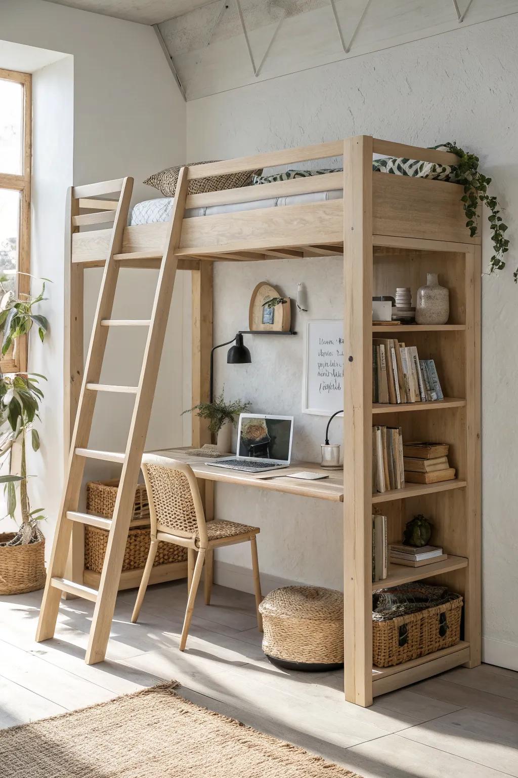 A loft bed with a built-in shelving desk keeps the workspace clear while adding cozy storage.