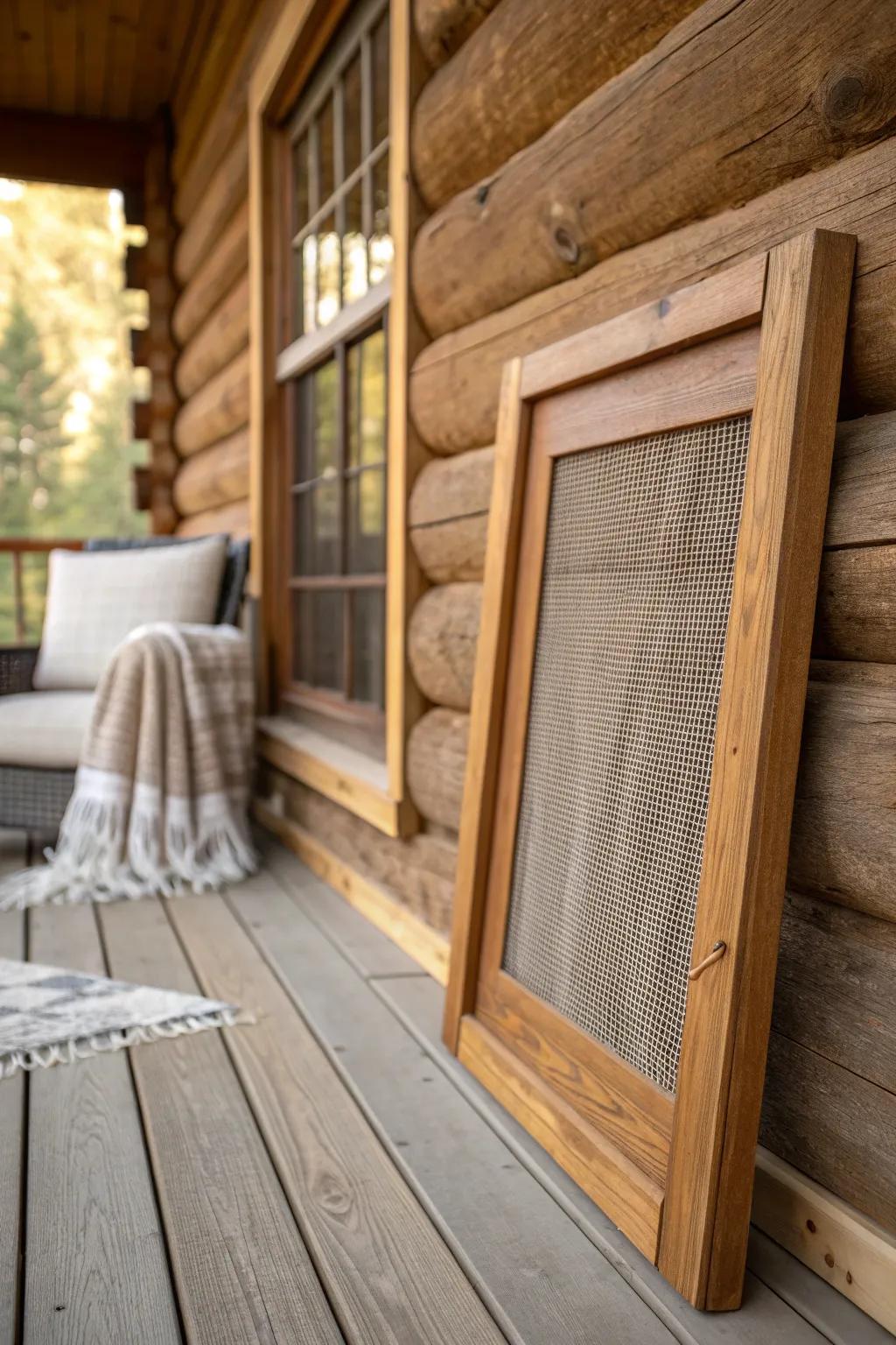 A stained-wood screened panel that keeps cabin evenings airy, cozy, and mosquito-free.