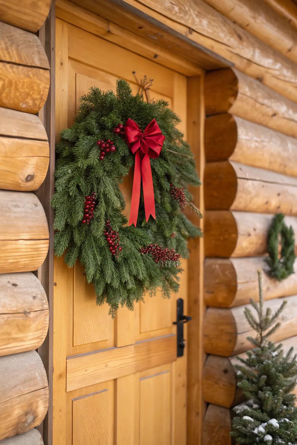 Evergreen wreaths with a simple red bow pop beautifully against warm log cabin doors.