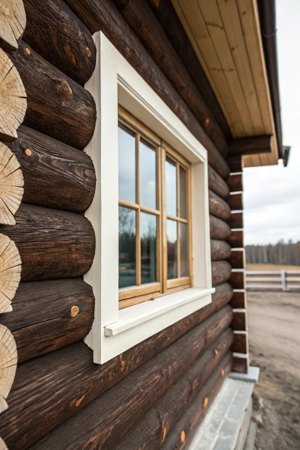 Dark walnut logs with cream trim—rugged depth with a bright outline that makes windows pop.