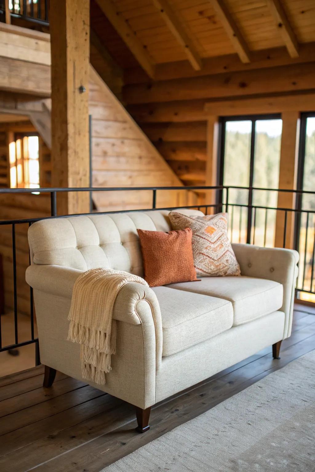 Loft lounge perfection: a petite loveseat with an open view that feels like a second living room.