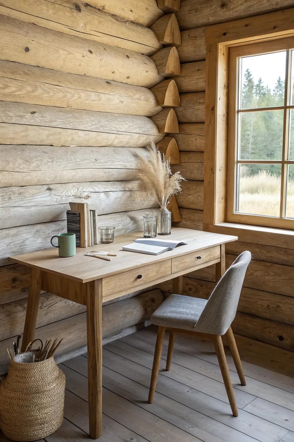 A snug built-in desk scribed to log walls—minimal, cozy, and made for cabin workdays.