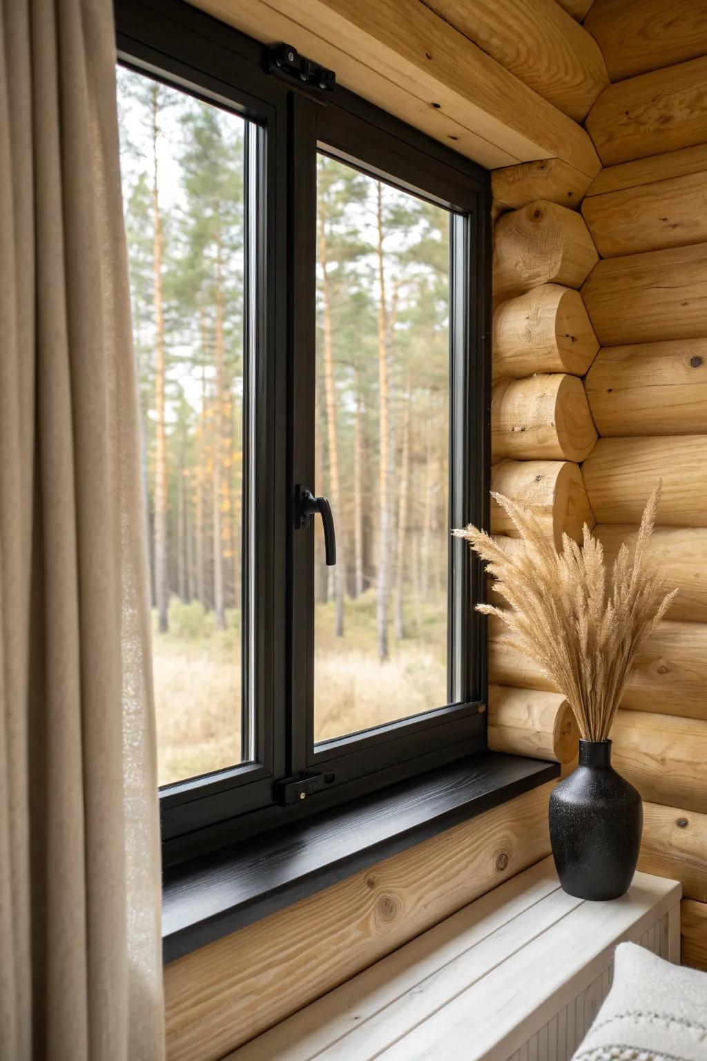 Matte black window trim outlines warm logs, turning the forest view into modern cabin art.