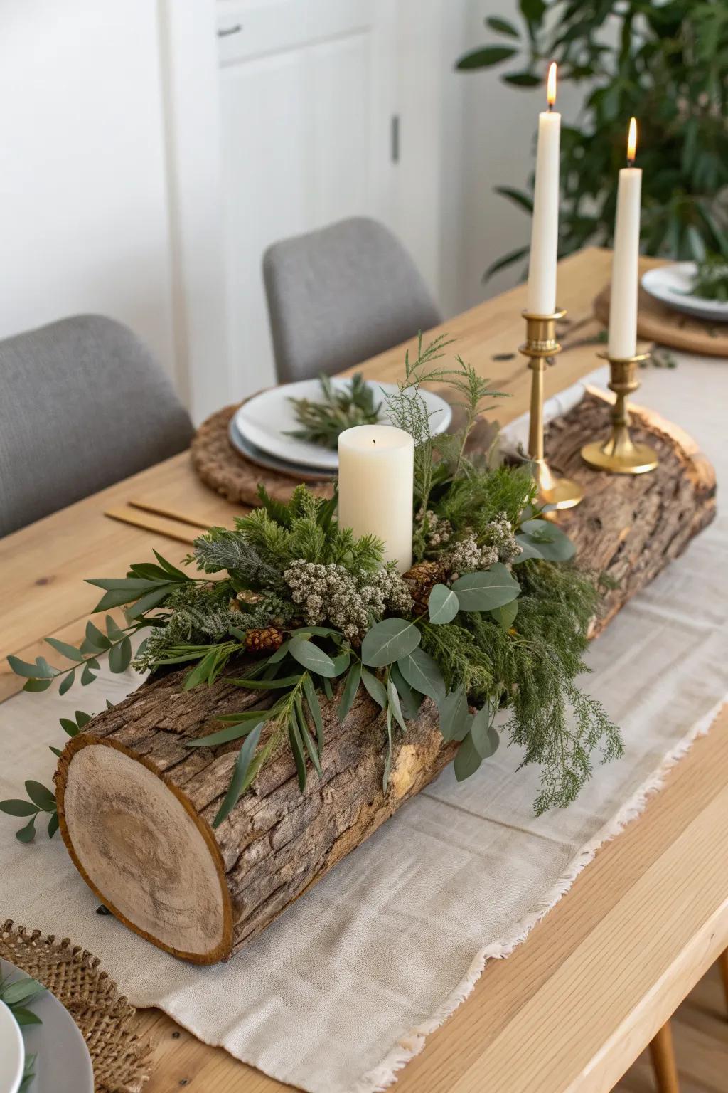 Hollowed log trough centerpiece packed with fresh greenery and candles—simple, warm, and handmade.