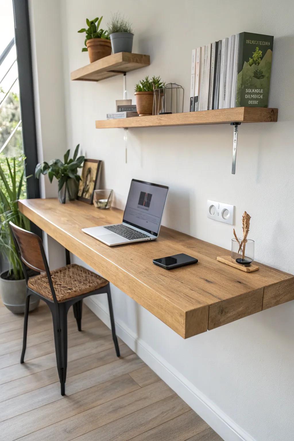 A sleek floating long desk in warm oak—leg-free style that instantly opens up small rooms.