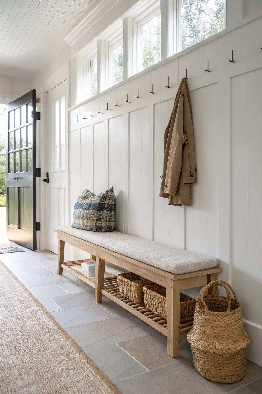 Board-and-batten at backpack height protects walls and makes a narrow mudroom feel built-in.